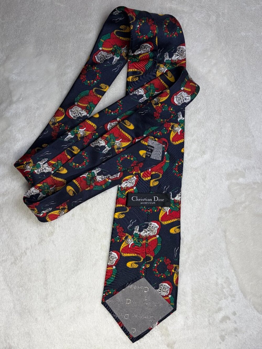 ~80s Christian Dior Vintage Christmas 100% Silk Tie Santa Claus Cigar Eclectic